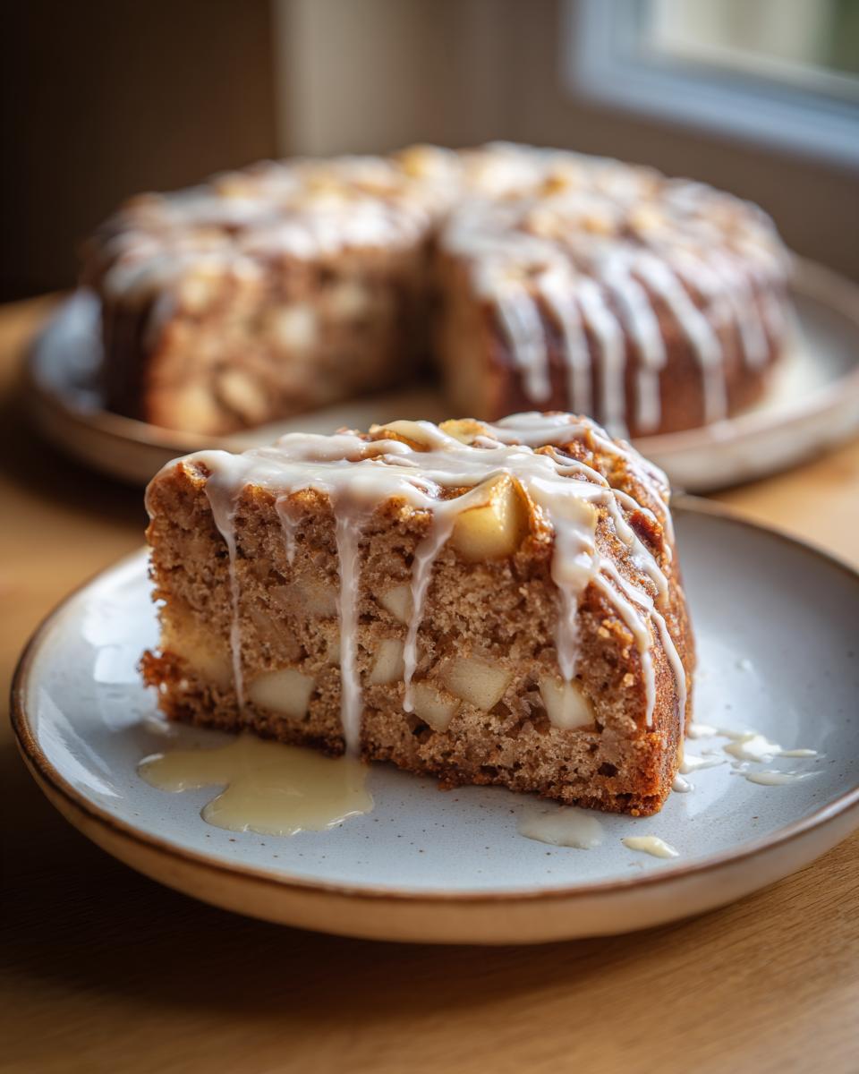 A slice of moist apple honey cake with chunks of apple and drizzled with a white glaze.