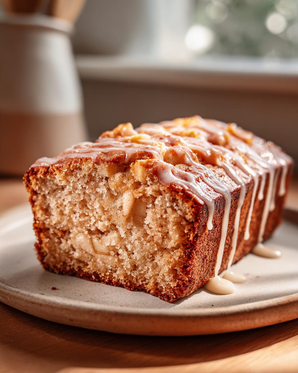 A close-up of a moist apple honey cake slice, drizzled with a creamy white glaze.