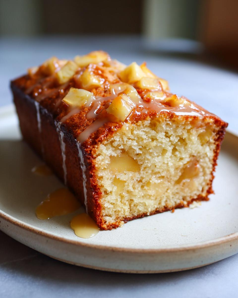 A slice of moist apple honey cake topped with diced apples and a drizzle of honey glaze.