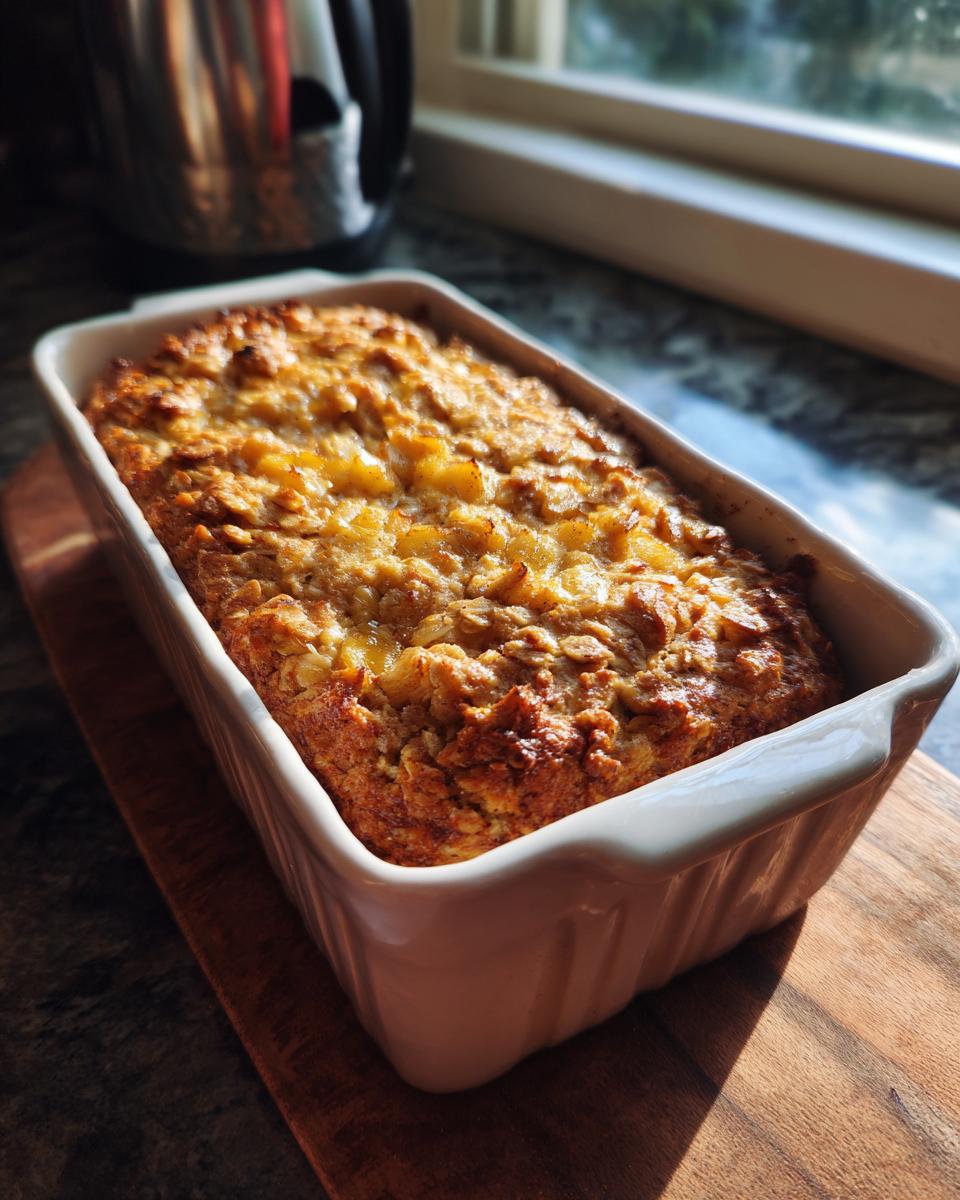 A golden-brown apple pie oatmeal bake in a white ceramic loaf pan, ready to be served.