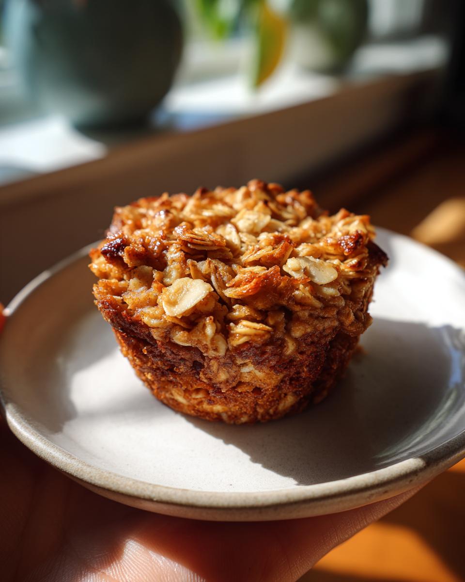 A single, golden-brown apple pie oatmeal bake muffin on a light-colored plate, topped with oats and almonds.