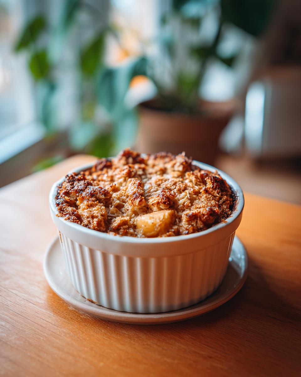 A close-up of a golden-brown apple pie oatmeal bake served in a white ramekin, ready to enjoy.