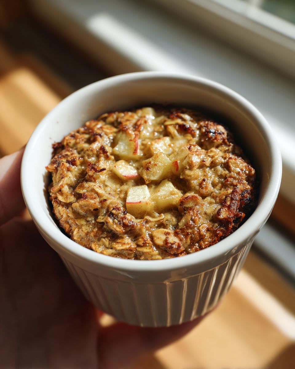 A close-up of a warm apple pie oatmeal bake in a white ramekin, held by a hand.