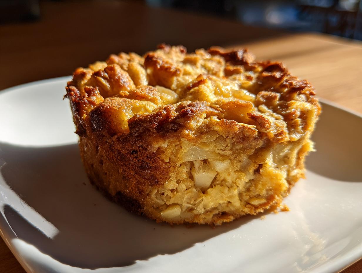 A close-up of a single serving of apple pie oatmeal bake on a white plate.