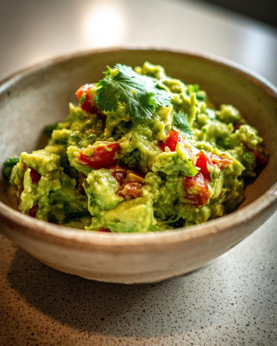 Close-up of a bowl of authentic guacamole, featuring chunky avocado, diced tomatoes, and fresh cilantro.
