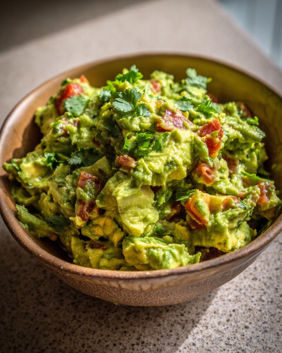 Close-up of a bowl of authentic guacamole, featuring chunky avocado, diced tomatoes, and fresh cilantro.