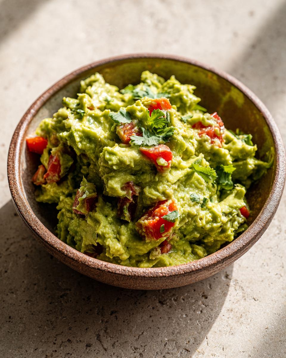 A close-up of a bowl of authentic guacamole, chunky with diced tomatoes and fresh cilantro.