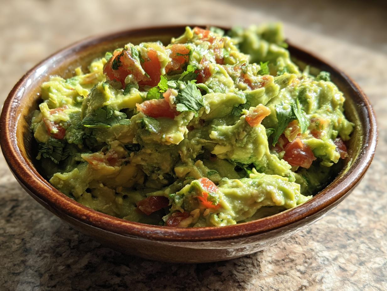 Close-up of a bowl of Authentic Guacamole, featuring chunky avocado, diced tomatoes, and cilantro.