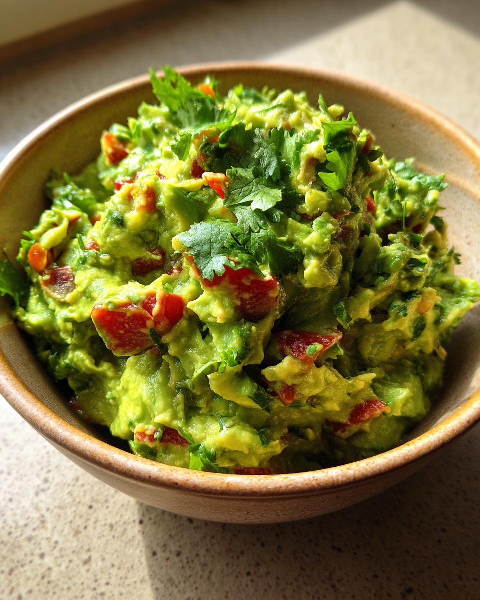Close-up of a bowl filled with chunky Authentic Guacamole, garnished with fresh cilantro and diced tomatoes.