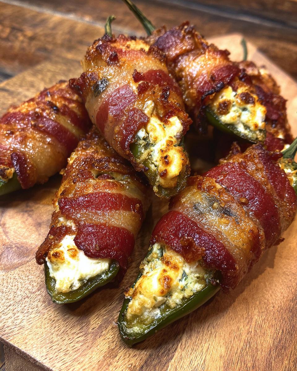 Close-up of crispy bacon wrapped jalapeño poppers filled with creamy cheese, arranged on a wooden cutting board.