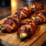 A close-up of delicious bacon wrapped jalapeño poppers on a wooden board, ready to eat.