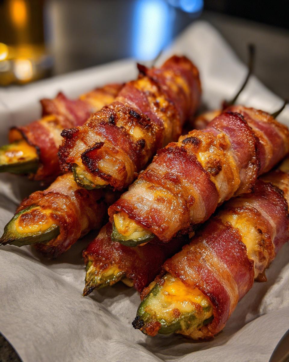 A close-up of several crispy bacon wrapped jalapeño poppers filled with melted cheese.