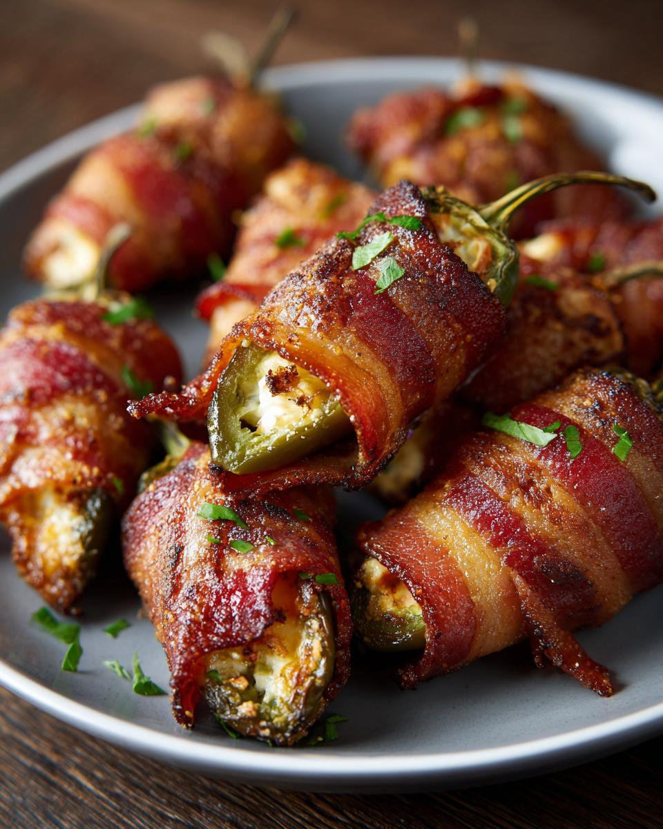 Close-up of delicious bacon wrapped jalapeño poppers filled with cream cheese and sprinkled with parsley.