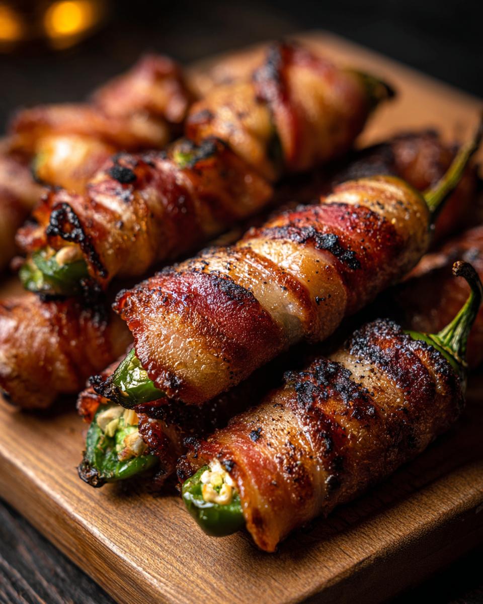 Close-up of crispy bacon wrapped jalapeño poppers stuffed with cheese, a perfect appetizer.
