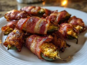 A close-up of several delicious bacon wrapped jalapeño poppers piled on a white plate.