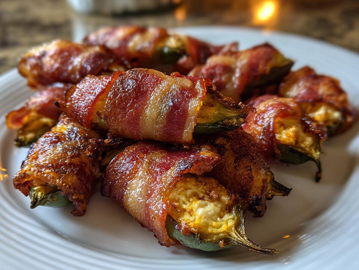 A close-up of several delicious bacon wrapped jalapeño poppers piled on a white plate.