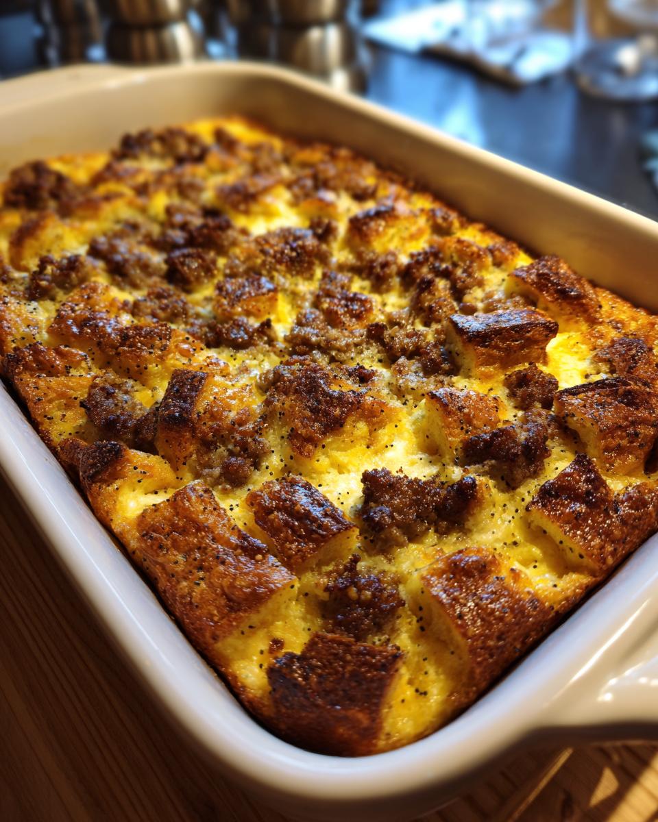 A close-up of a freshly baked bagel breakfast casserole with chunks of golden-brown bagel and savory sausage.