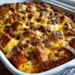 Close-up of a golden brown bagel breakfast casserole with sausage and melted cheese in a white baking dish.
