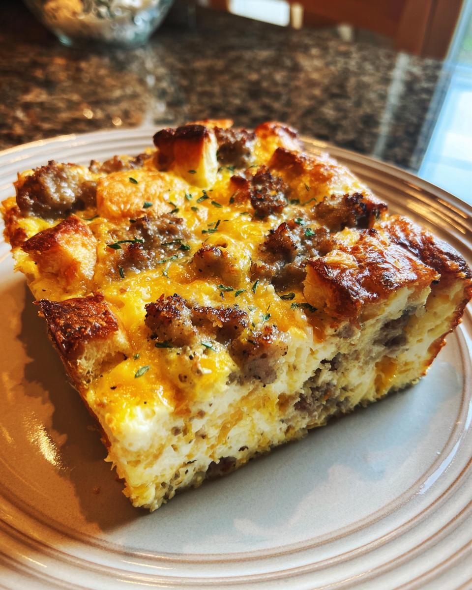 A close-up of a slice of Bagel Breakfast Casserole with sausage, cheese, and herbs.