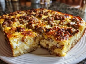 A close-up of a slice of savory Bagel Breakfast Casserole with sausage and eggs on a white plate.