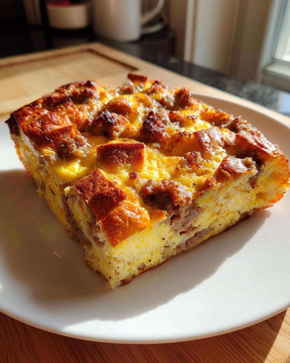 A delicious slice of bagel breakfast casserole with sausage and eggs on a white plate.