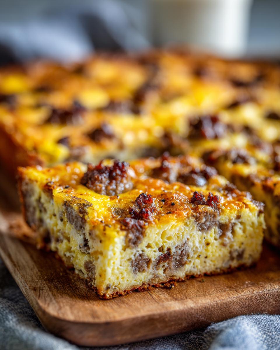 A close-up of a slice of Bagel Breakfast Casserole with sausage on a wooden board.