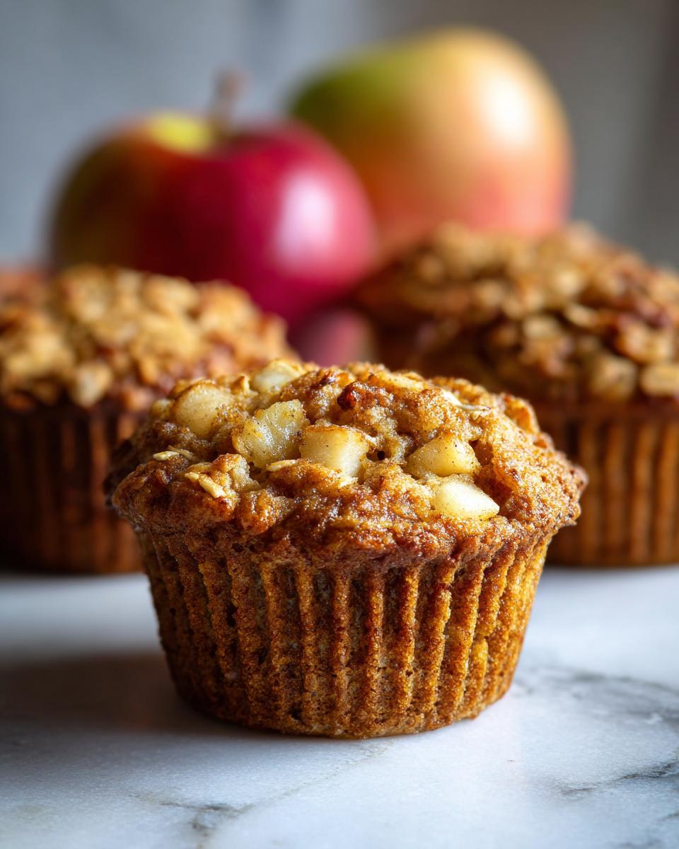 Close-up of a baked apple oatmeal cup with visible chunks of apple and oats on top, with apples blurred in the background.