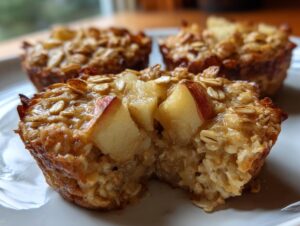 Close-up of a baked apple oatmeal cup, showing chunks of apple and oats.