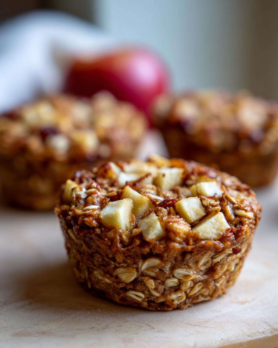 Close-up of a baked apple oatmeal cup topped with diced apples and oats.