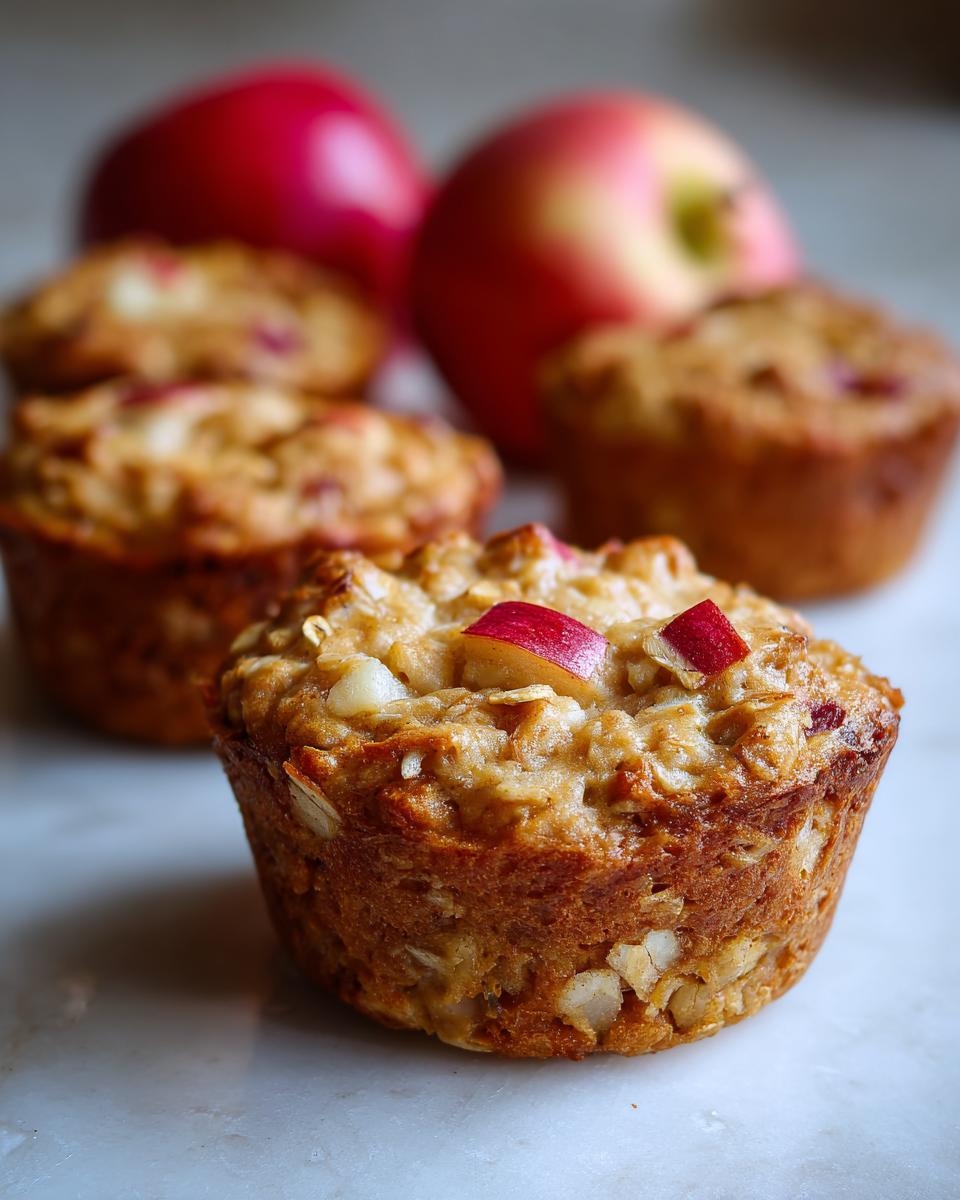 Close-up of baked apple oatmeal cups topped with diced apples and oats, with whole apples in the background.