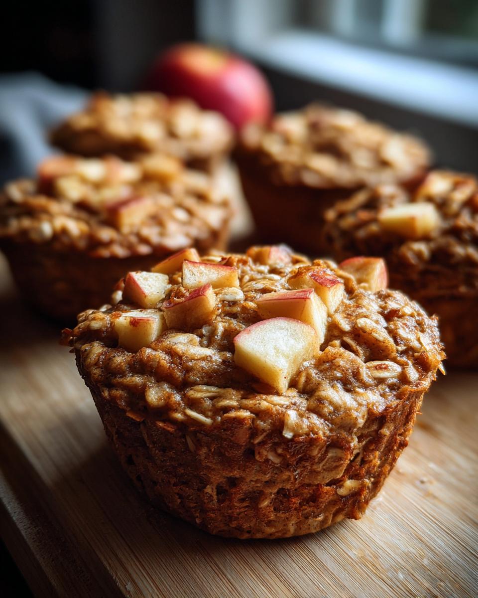 Close-up of a baked apple oatmeal cup topped with fresh apple pieces and oats.