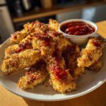 A plate of crispy baked buffalo chicken tenders drizzled with buffalo sauce and a side of dipping sauce.