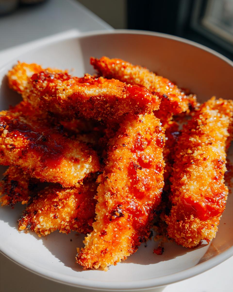 A close-up of crispy baked buffalo chicken tenders coated in a glossy buffalo sauce.