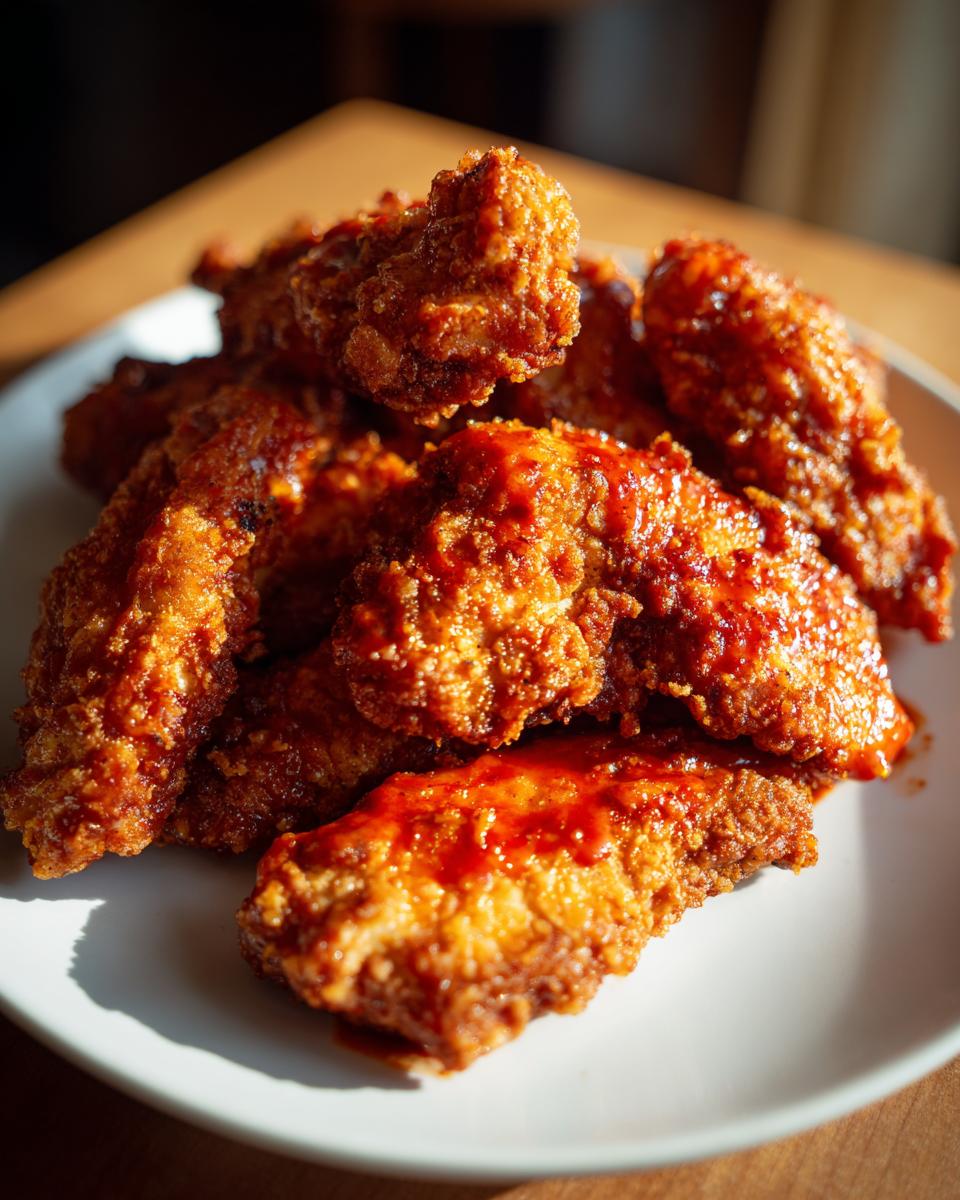A close-up shot of a pile of crispy baked buffalo chicken tenders coated in a glossy buffalo sauce.
