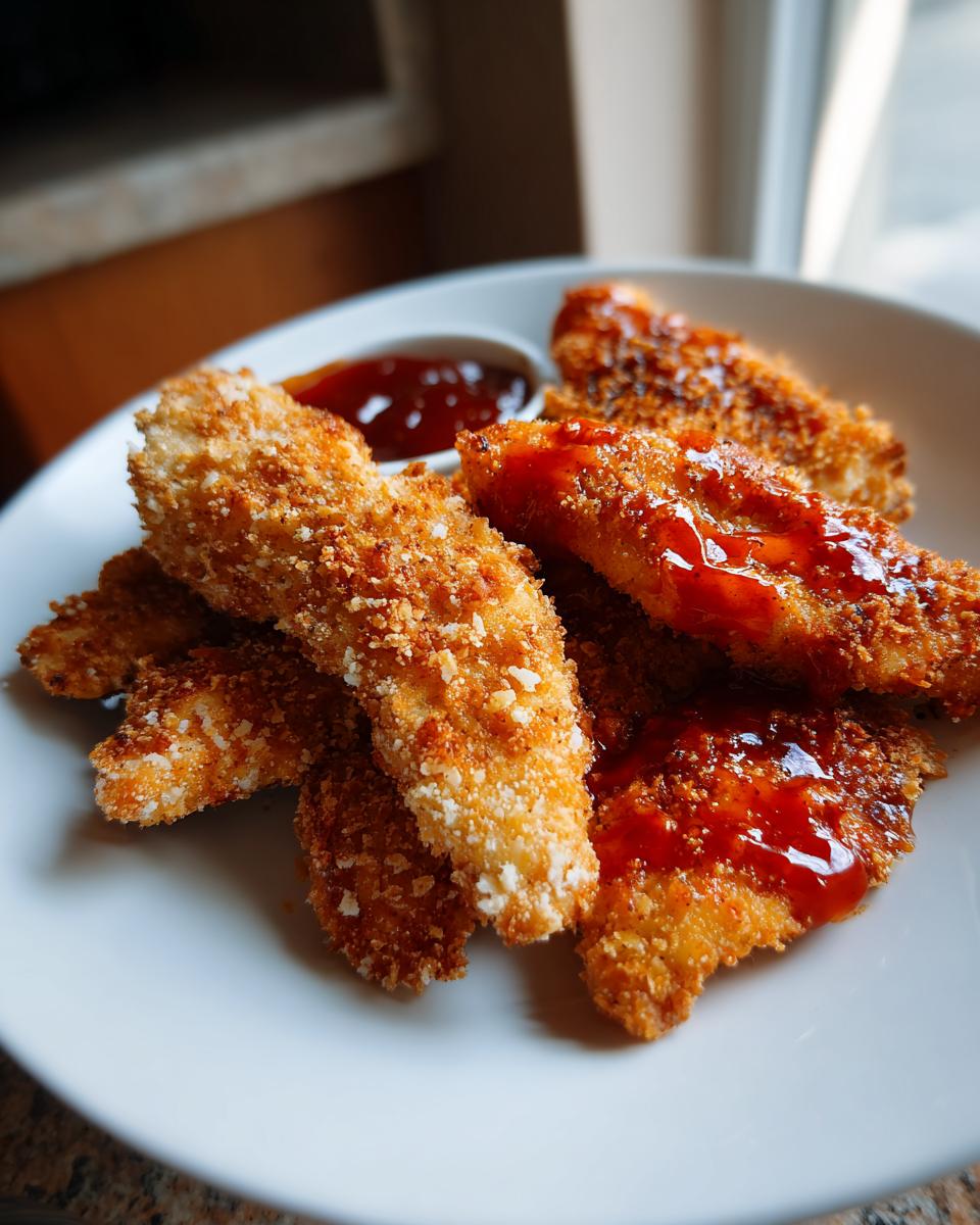 A plate of crispy baked buffalo chicken tenders drizzled with buffalo sauce and a side of dipping sauce.