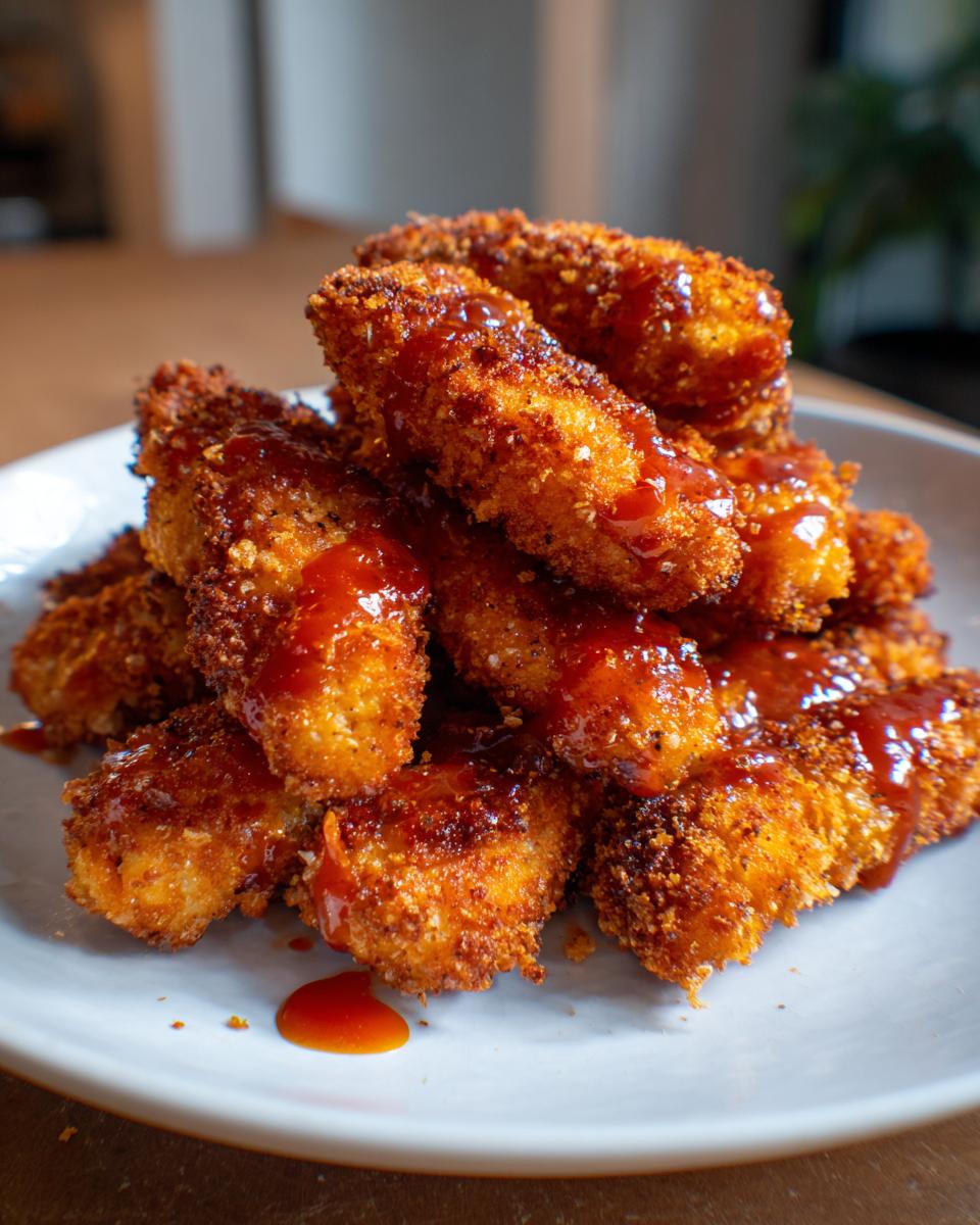 A pile of crispy baked buffalo chicken tenders drizzled with a glossy red buffalo sauce on a white plate.