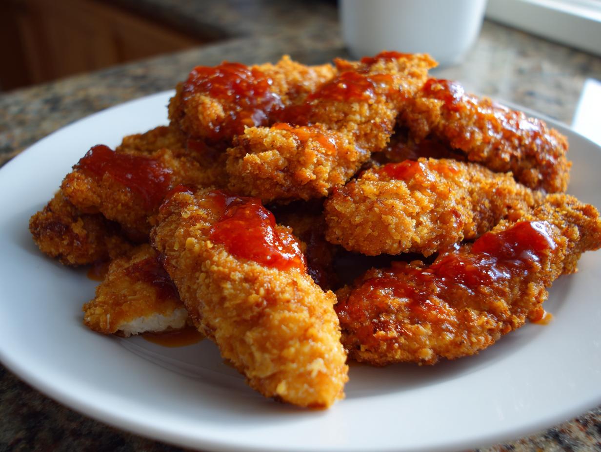 A plate of crispy baked buffalo chicken tenders drizzled with a red buffalo sauce.