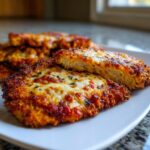 Close-up of crispy baked chicken parmesan, showing golden-brown breading, melted cheese, and marinara sauce.