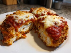 Close-up of three pieces of crispy baked chicken parmesan topped with marinara sauce and melted mozzarella cheese.