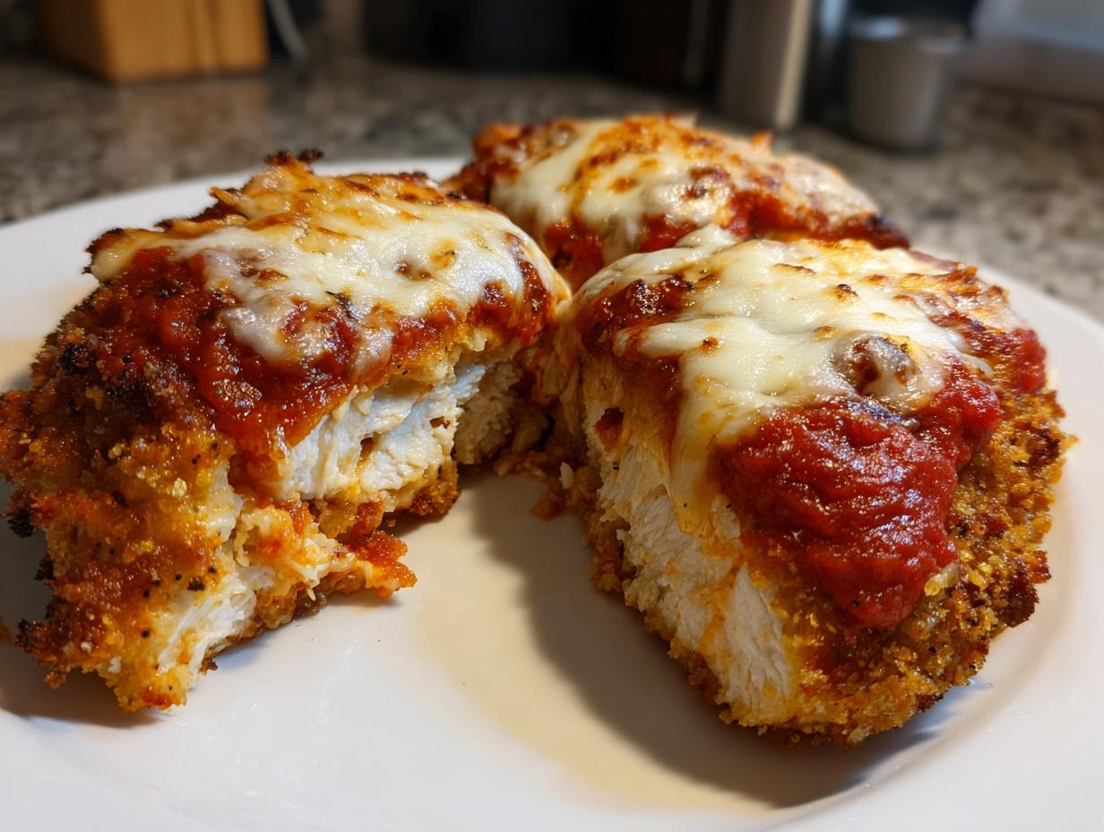 Close-up of three pieces of crispy baked chicken parmesan topped with marinara sauce and melted mozzarella cheese.