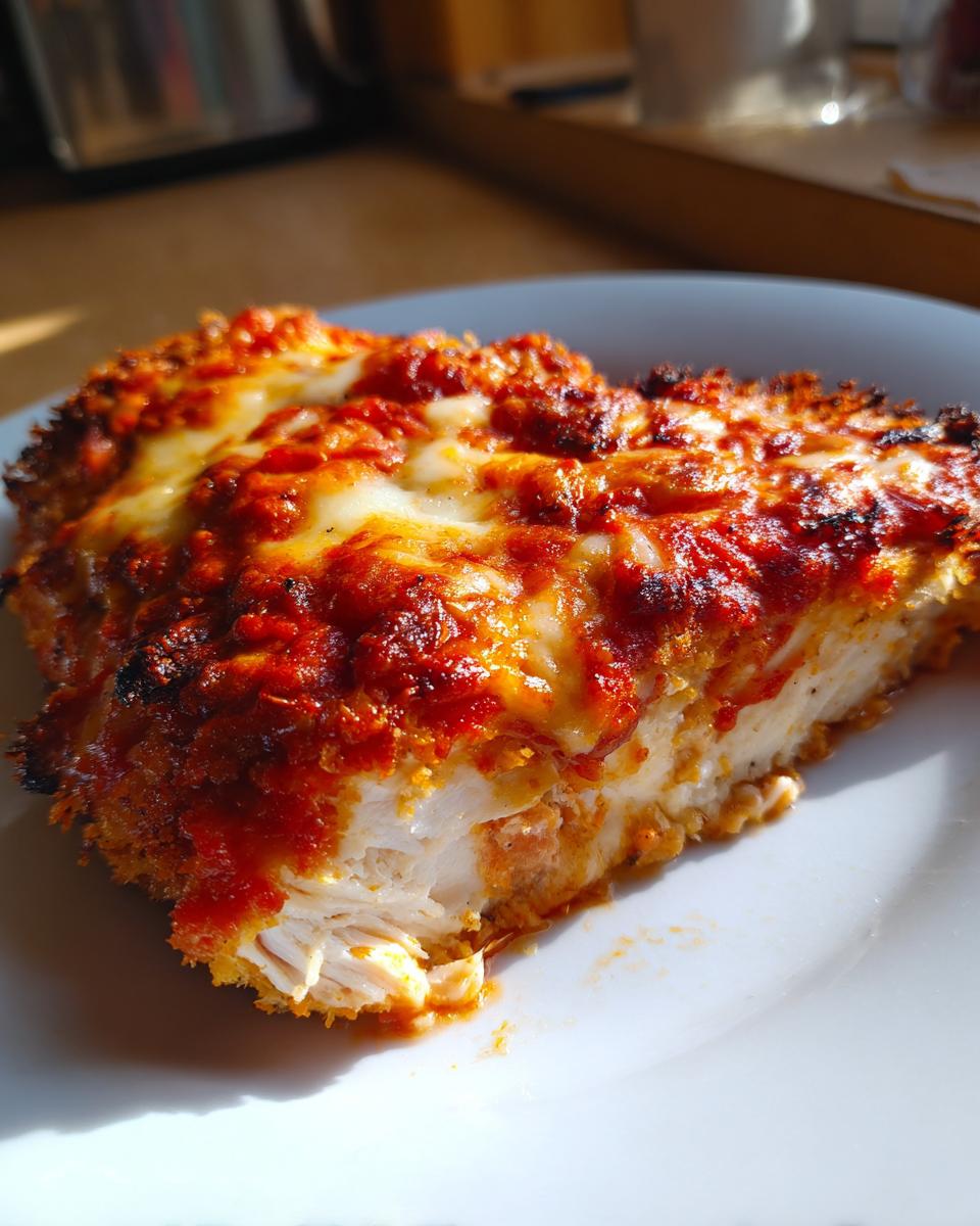 A close-up of a delicious slice of crispy baked chicken parmesan, topped with melted cheese and marinara sauce.