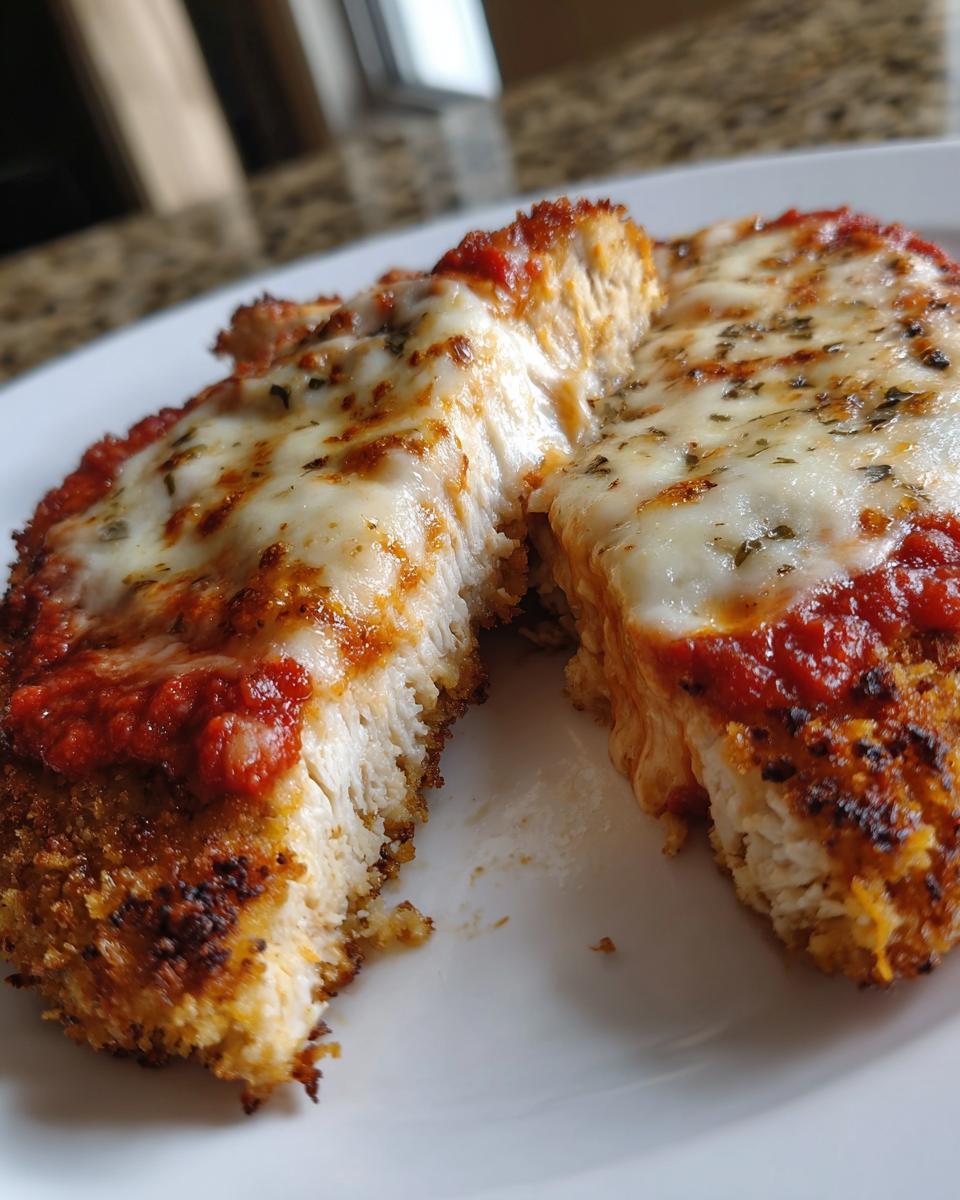 A close-up of a juicy Baked Chicken Parmesan, cut in half, showing the crispy breading and melted mozzarella cheese.