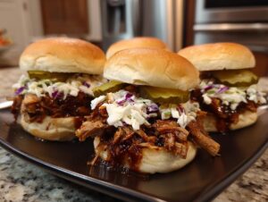 Close-up of three BBQ pulled pork sliders topped with coleslaw and pickles on a dark plate.