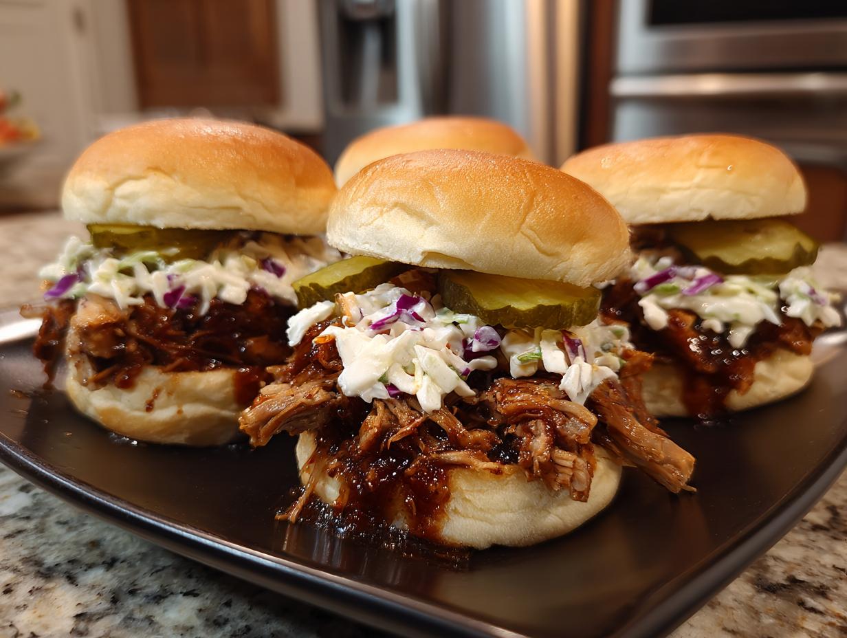 Close-up of three BBQ pulled pork sliders topped with coleslaw and pickles on a dark plate.