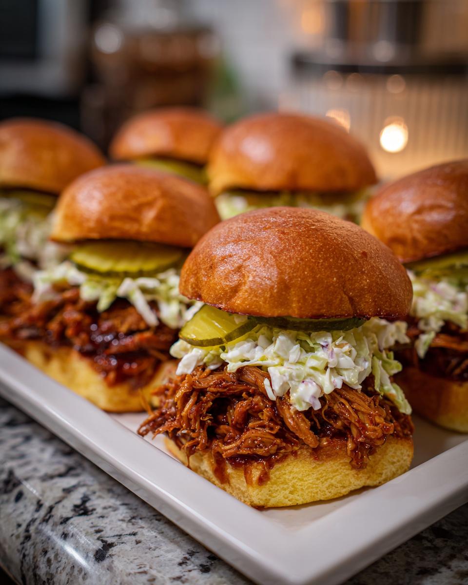 A platter of delicious BBQ pulled pork sliders topped with coleslaw and pickles, perfect for game day.