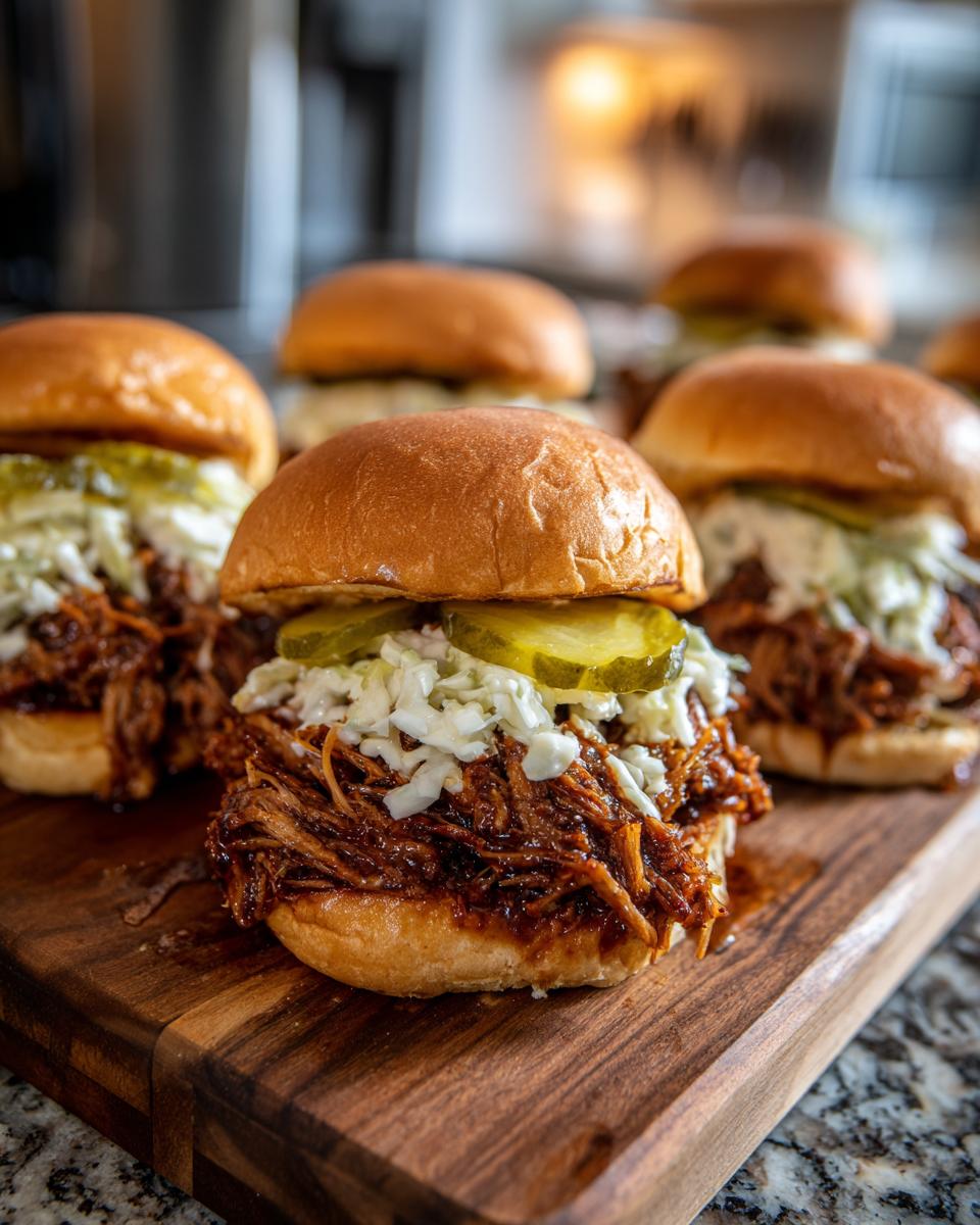 Close-up of BBQ pulled pork sliders topped with coleslaw and pickles on a wooden cutting board.