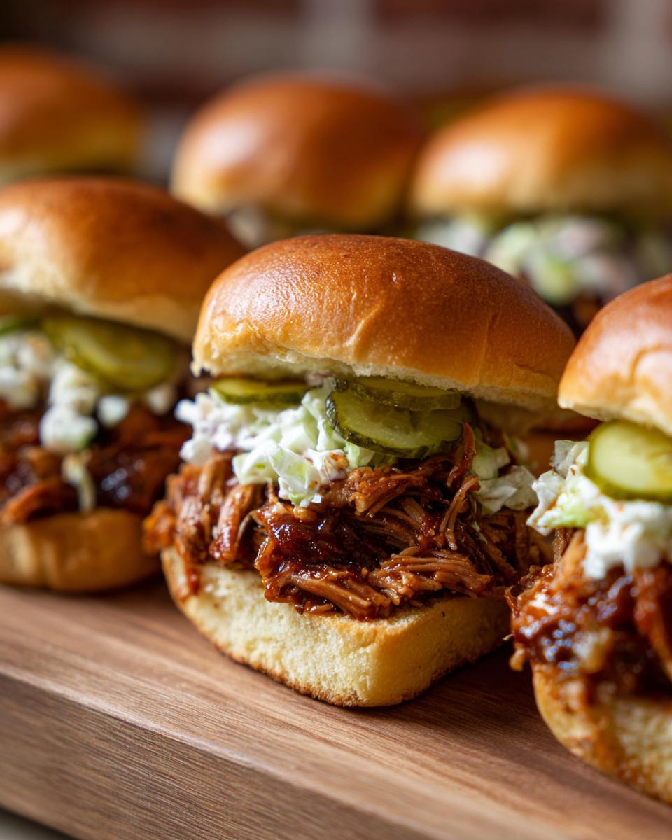 A close-up of several BBQ pulled pork sliders with coleslaw and pickles on a wooden board.