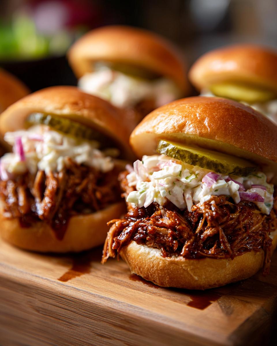 Close-up of BBQ pulled pork sliders with coleslaw and pickles on a wooden board.