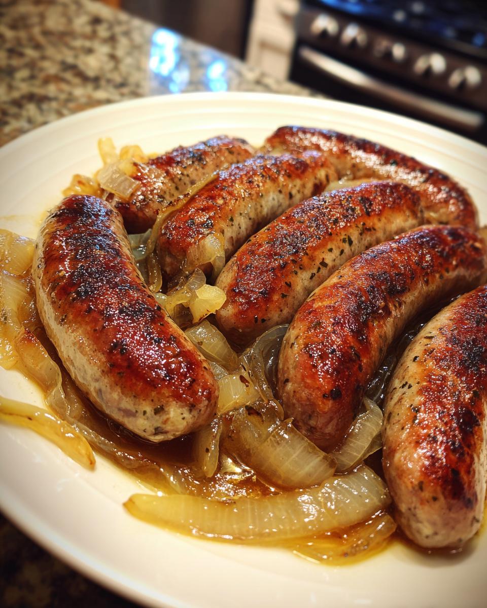 A plate of perfectly browned beer braised bratwurst served over a bed of soft, caramelized onions.