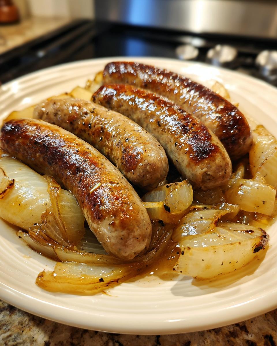 A plate of four golden-brown beer braised bratwurst sausages served over a bed of sweet, caramelized onions.